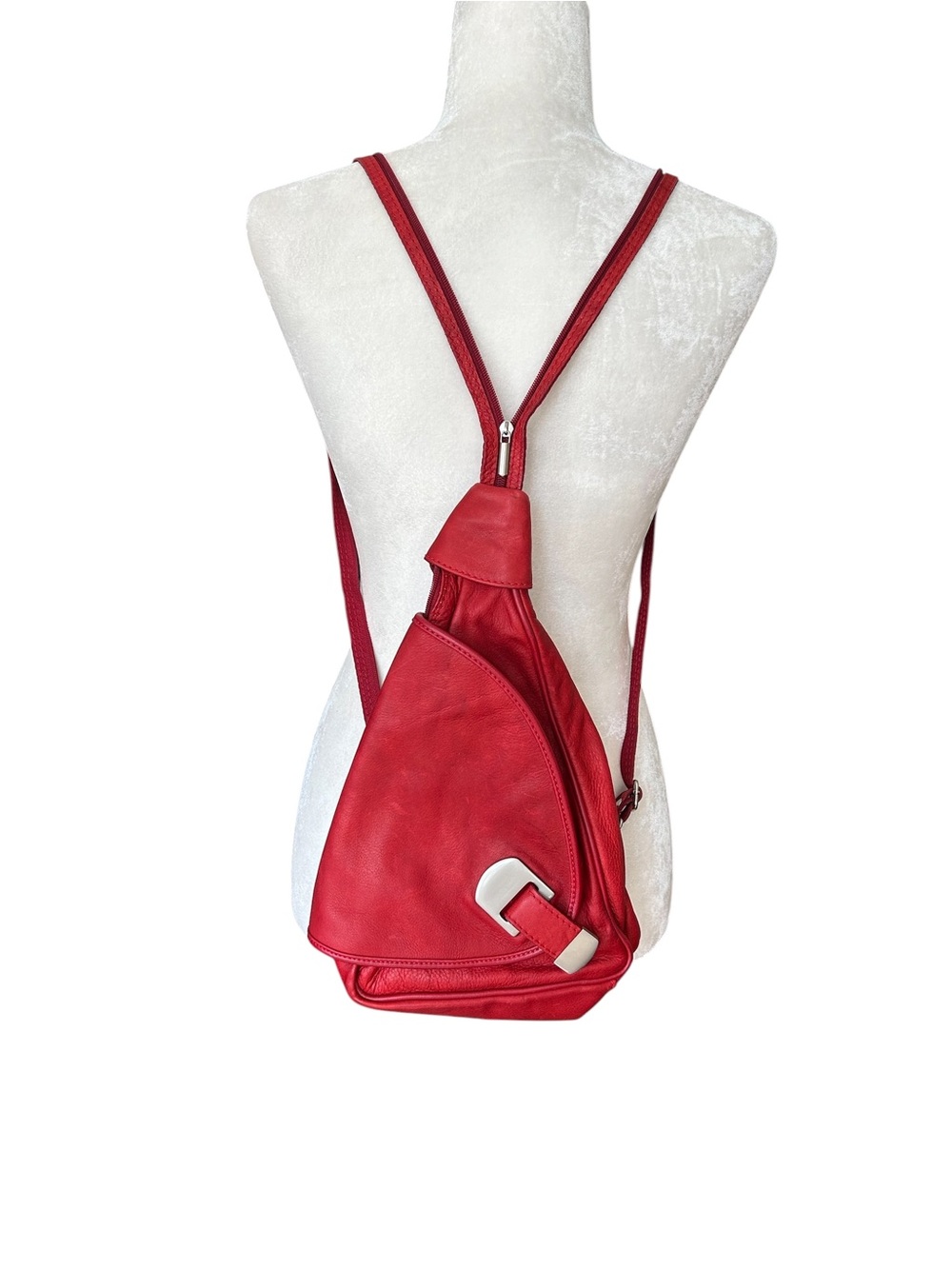 Handmade in Italy Red Leather Convertible Sling Backpack Multi Compartment Bag